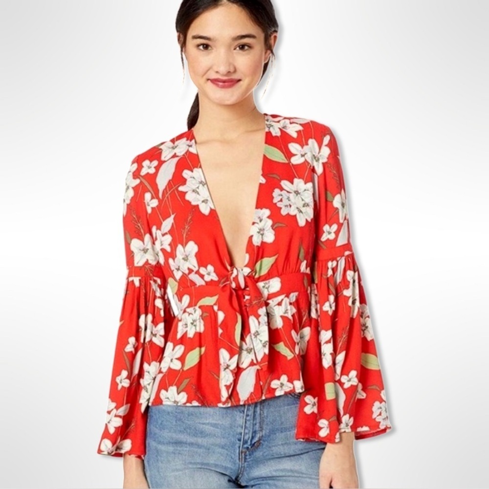 JACK by BB Dakota Tiger Lily Floral Poppy Red Bell Sleeve Blouse Size Small